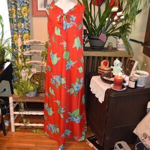 Vintage 60s Hawaiian Maxi Dress Red Hibiscus Floral Made in Hawaii RN37359 Large